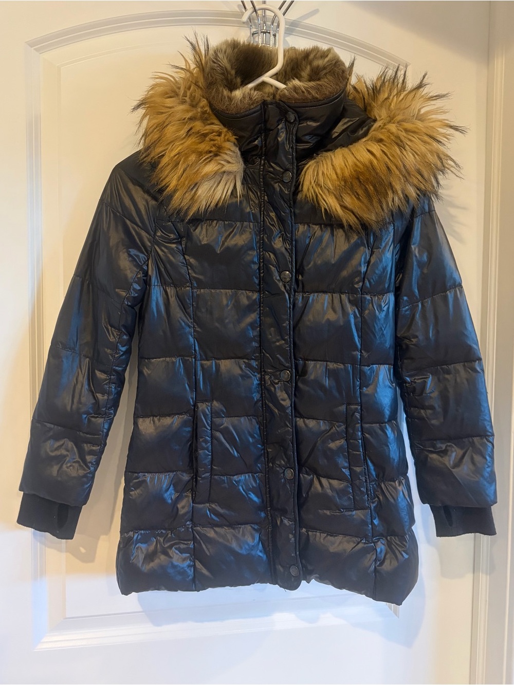 Quilted Black Puffer Coat with Faux-Fur Trimmed Hood